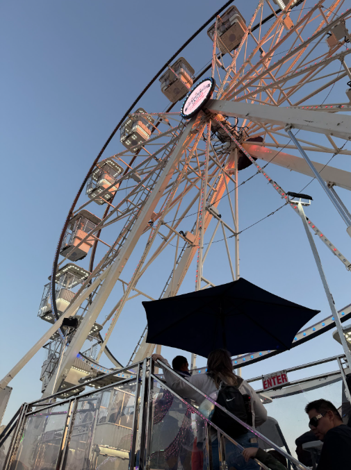 Attendees wait in line to board the ferris wheel.